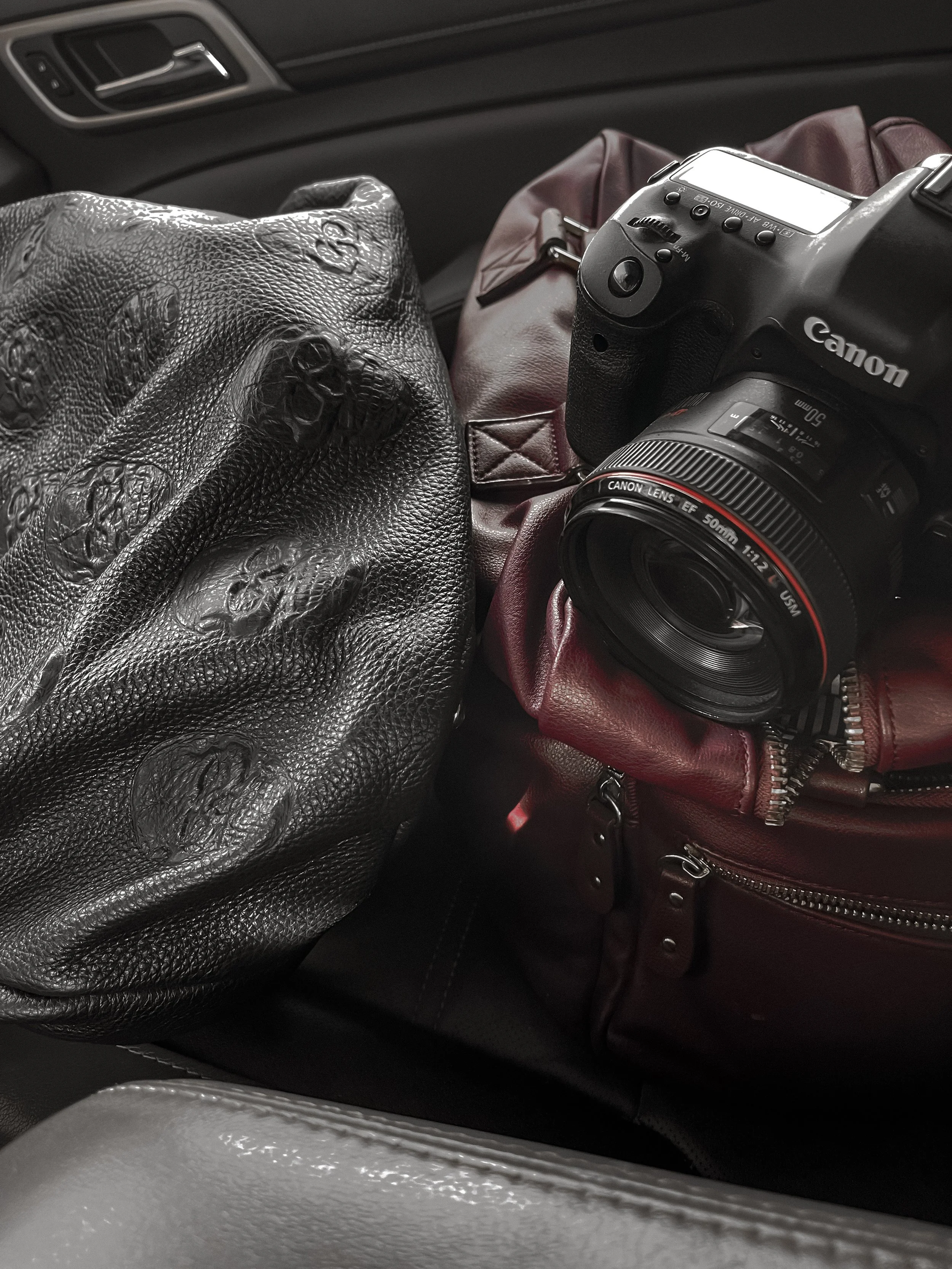 A black textured leather bag with skull patterns, a Canon camera with a 50mm lens, and a red leather handbag placed inside a car.