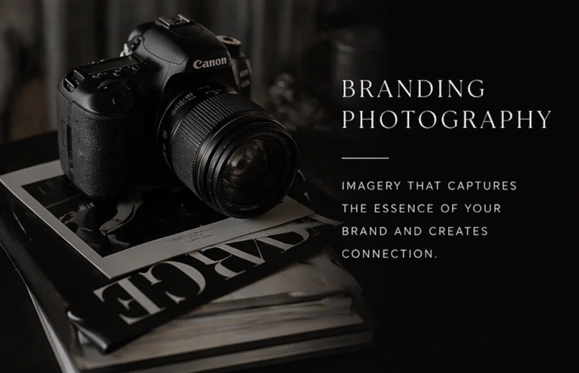 A Canon camera resting on magazines, with a dark background and white text about branding photography and imagery.