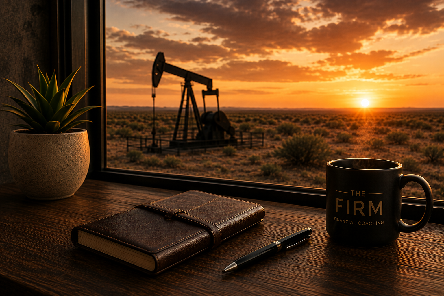 A desk scene with a potted plant, a leather notebook, a pen, and a black mug with gold lettering that reads 'The Firm Financial Coaching,' all set in front of a window showing a sunset and an oil pumpjack in the desert.