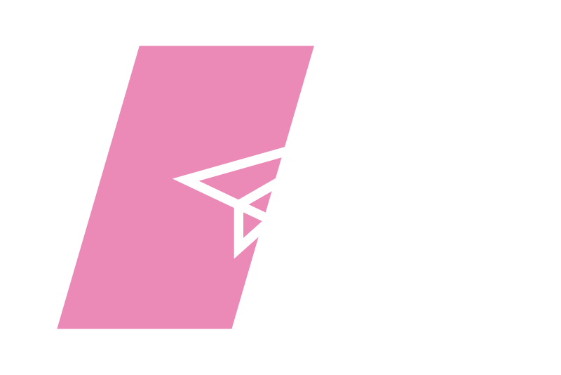 White paper plane icon in front of pink vertical trapezoid to represent the copy beneath it that speaks to testing paper planes.