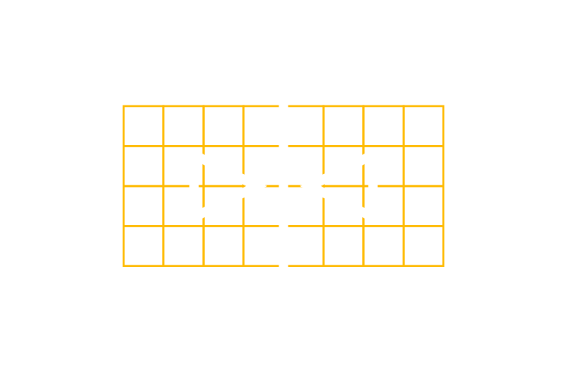 Two white horizontal triangles mirroring each other over a white vertical line in front of a yellow rectangular grid to represent to text beneath that speaks to creating car parts