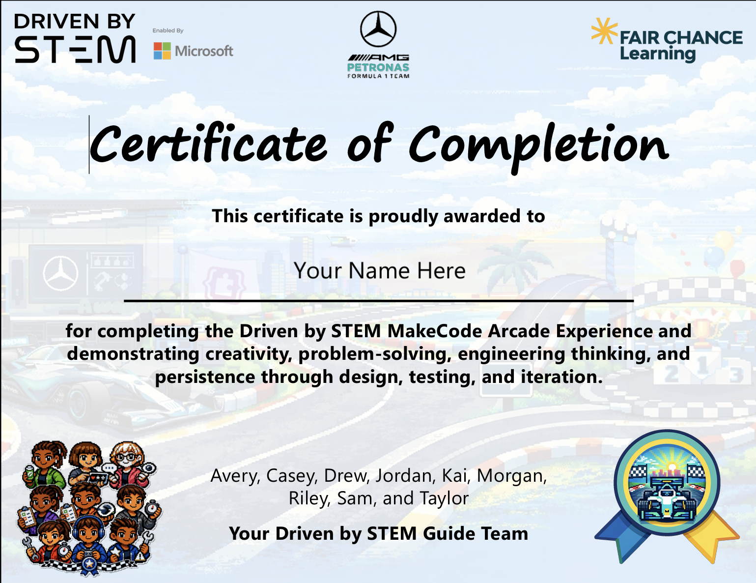Example image of the certificate of completion awarded once completing the driven by stem makecode challenge