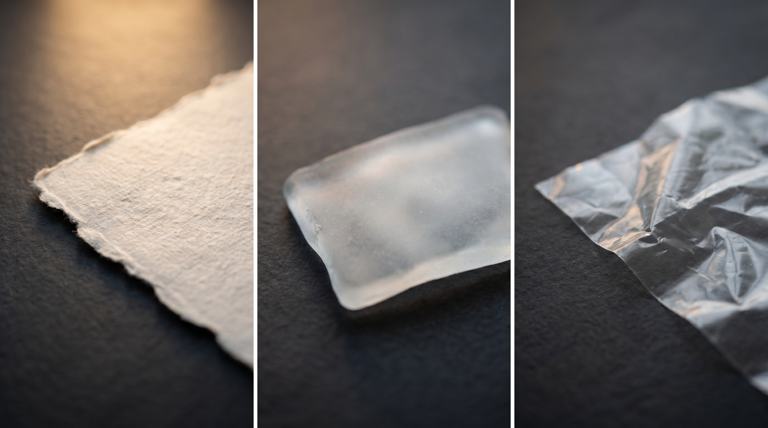 Three close-up images showing a different materials:  paper, glass, and metal. Alternatives for sustainable packaging that's bio sourced and circular.