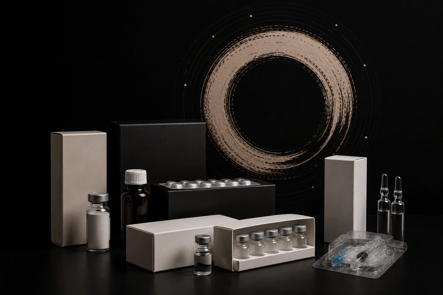 Arrangement of medical vials, bottles, and syringes on a dark surface with a futuristic circular graphic in the background.