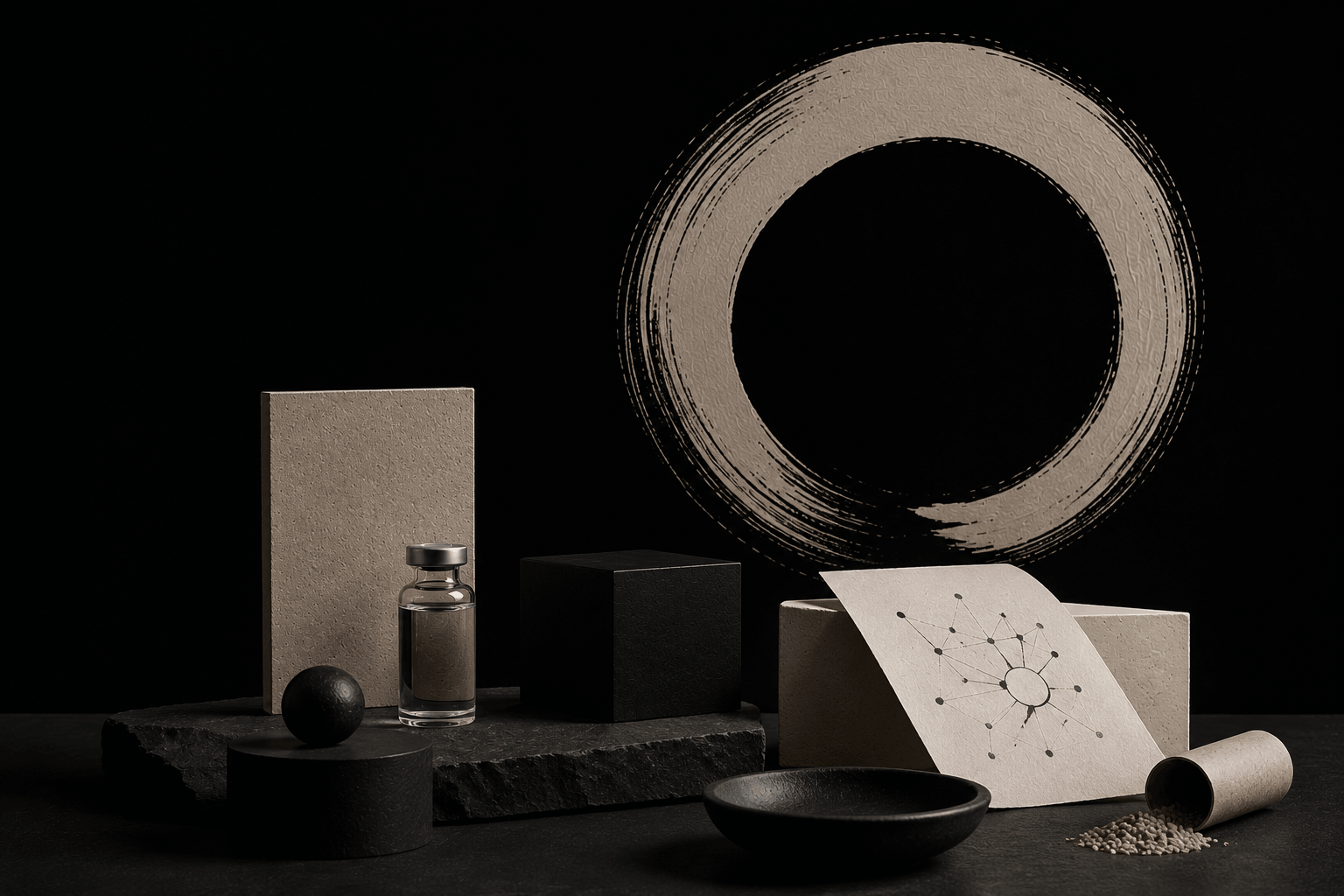 Pharmaceutical packaging arranged alongside the Kuro Enso Enso mark — representing the connection between packaging systems and sustainable transformation.