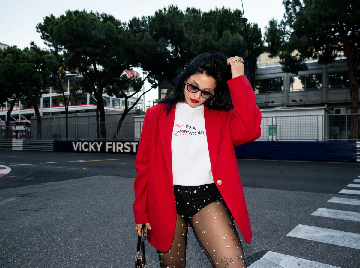 A woman in a red blazer and black shorts with sheer tights adorned with pearl-like decorations, standing on a street with a racing circuit and trees in the background.