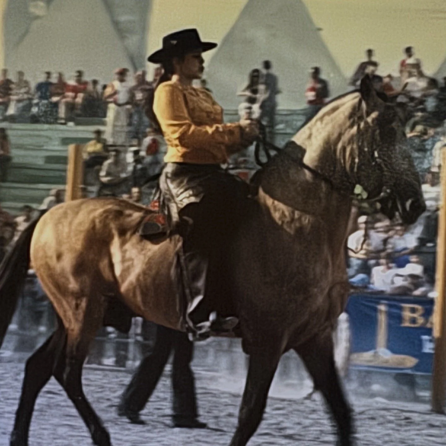 A woman wearing a cowboy hat and yellow shirt riding a brown horse at a rodeo or fair, with a crowd of spectators in the background.