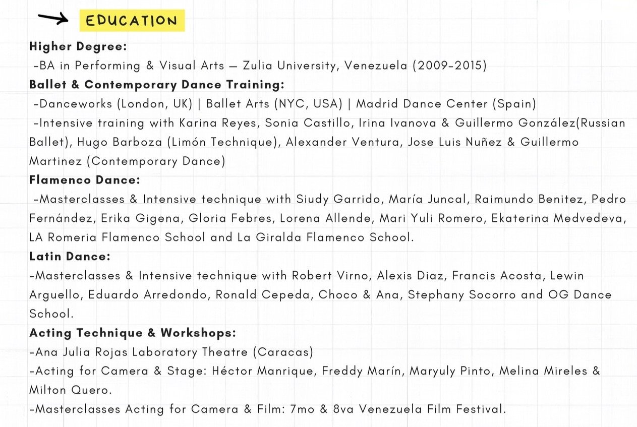 A printed document with the heading 'EDUCATION' highlighted in yellow. The document lists various dance and acting training programs, masterclasses, and workshops, including details about locations and instructors, covering ballet, contemporary dance, flamenco, Latin dance, and acting techniques.