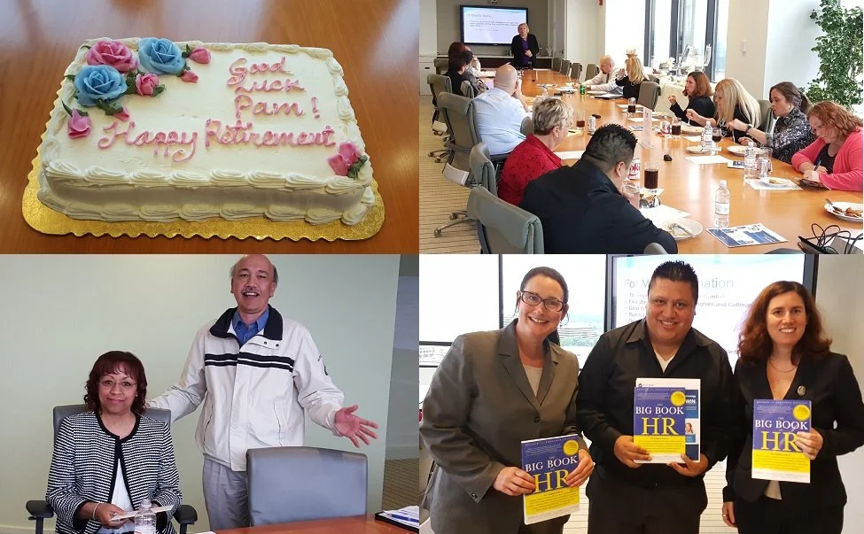 A birthday cake with pink and blue flowers and the message "Good luck Pam! Happy Retirement" written on it. Four photos: top right shows a business meeting in a conference room with people seated around a table and a presenter at the front. bottom le