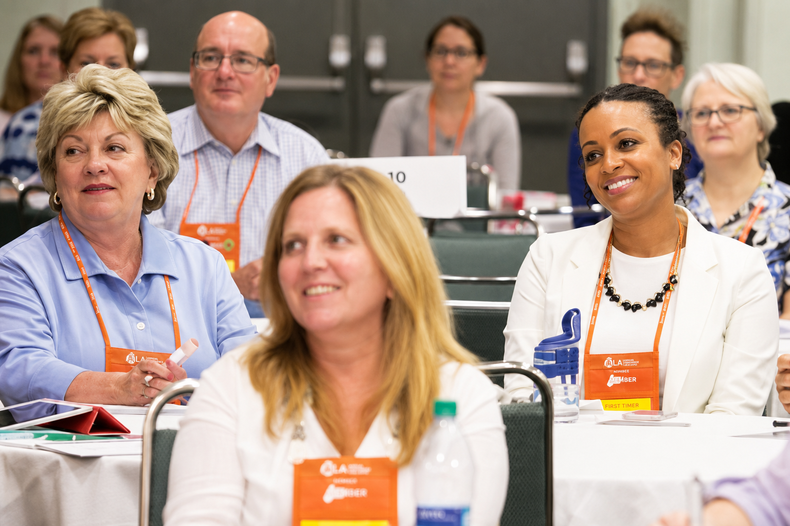 Attendees at a conference seated at tables, listening and smiling, wearing name badges including one labeled "First Timer".