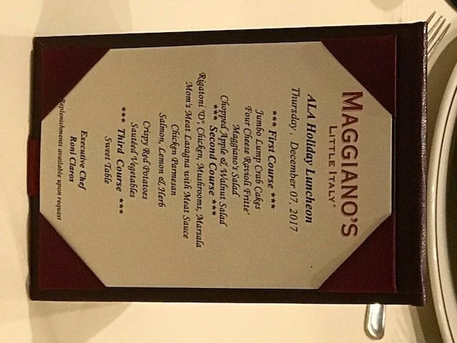 A menu from Maggiano's Little Italy, located at TAAA Holiday Luncheon on December 7, 2017, featuring appetizers, salads, entrees, and desserts.
