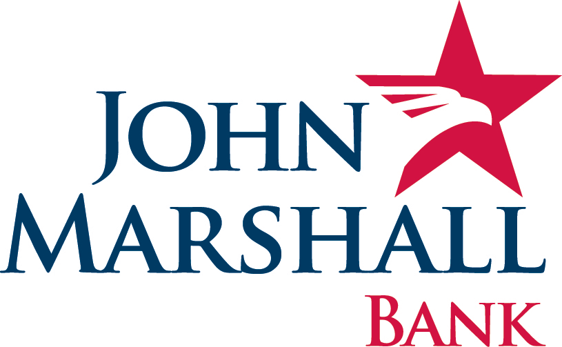 Logo for John Marshall Bank featuring a red star with a white bird silhouette and the bank's name in blue and red