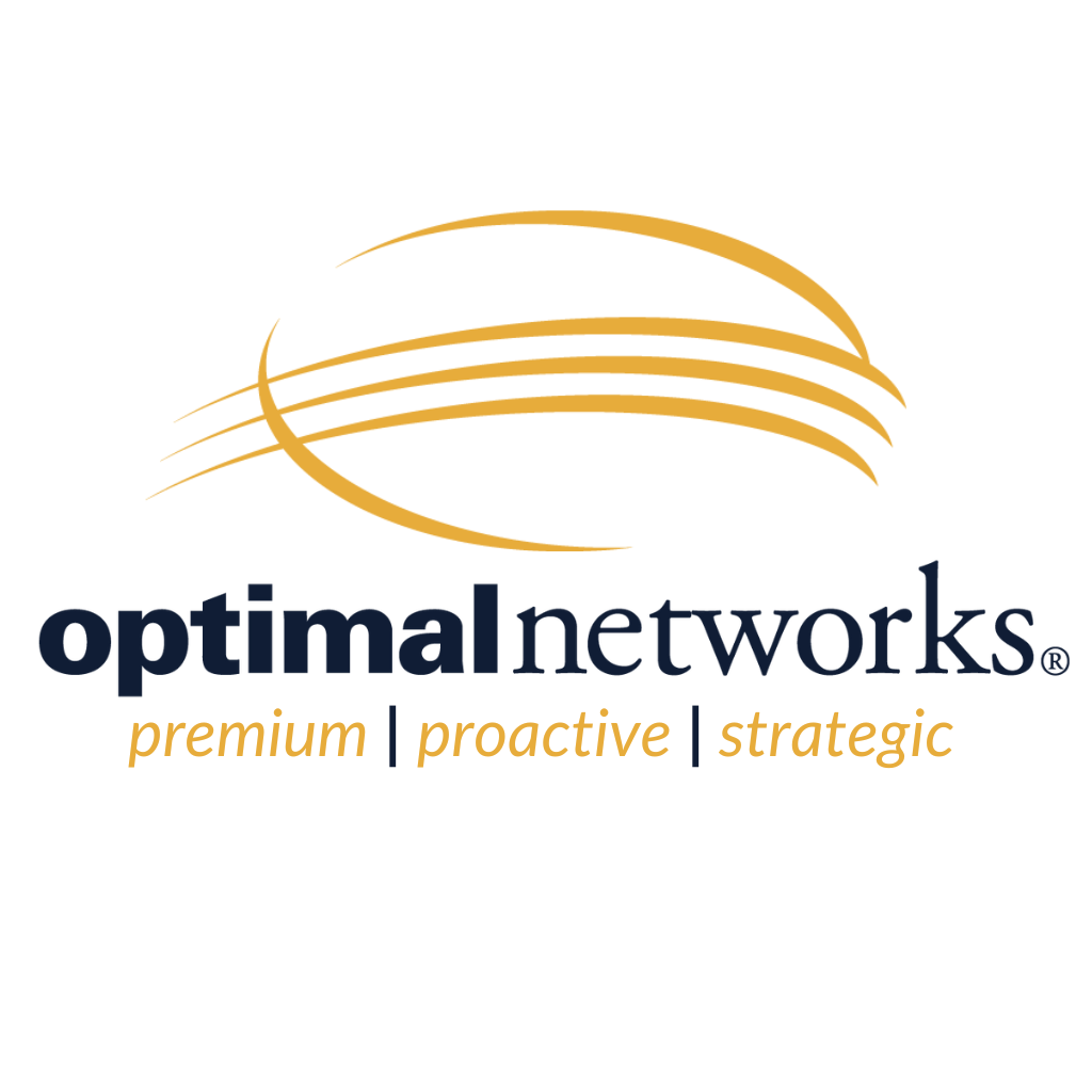 Logo of Optimal Networks with a stylized gold globe and the words "optimal networks" in blue, and the tagline "premium proactive strategic" in gold.