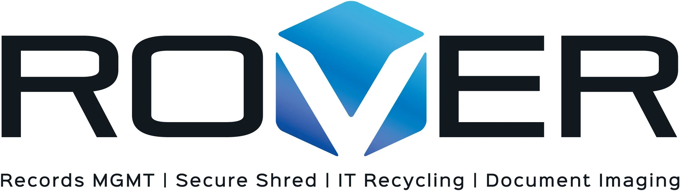 Rover logo with a stylized blue cube and black text that reads "ROVER". Below the logo, smaller black text states "Records MGMT | Secure Shred | IT Recycling | Document Imaging."
