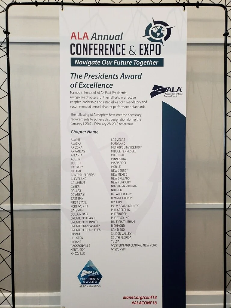 Banner for the ALA Annual Conference & Expo with the theme 'Navigate Our Future Together.' It features the ALA President's Award of Excellence, details about the award, the list of chapter names, and the conference date from January 1, 2017, to Febru