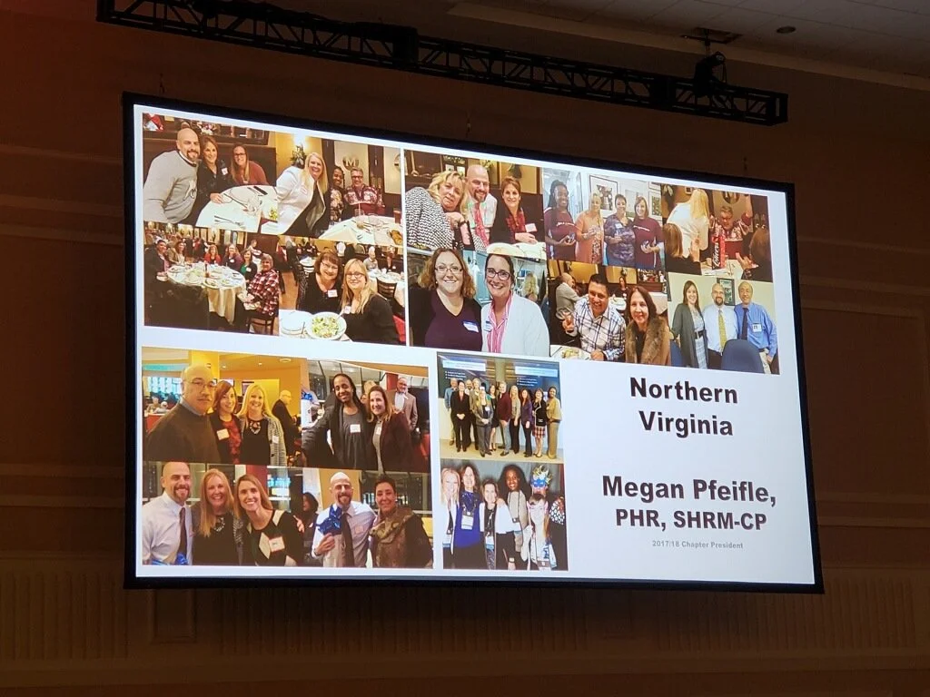 A presentation slide showing photos of people at a social or professional event, with text indicating it is from Northern Virginia and featuring Megan Pfeifle, PHR, SHRM-CP, who is the 2017-2018 Chapter President.