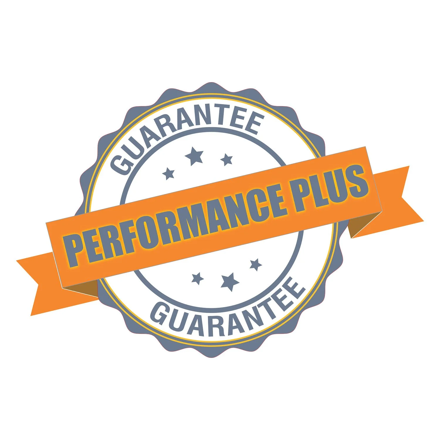 A badge with a blue border and stars, featuring a banner with the text 'Performance Plus' and the word 'Guarantee' written twice around the circle.