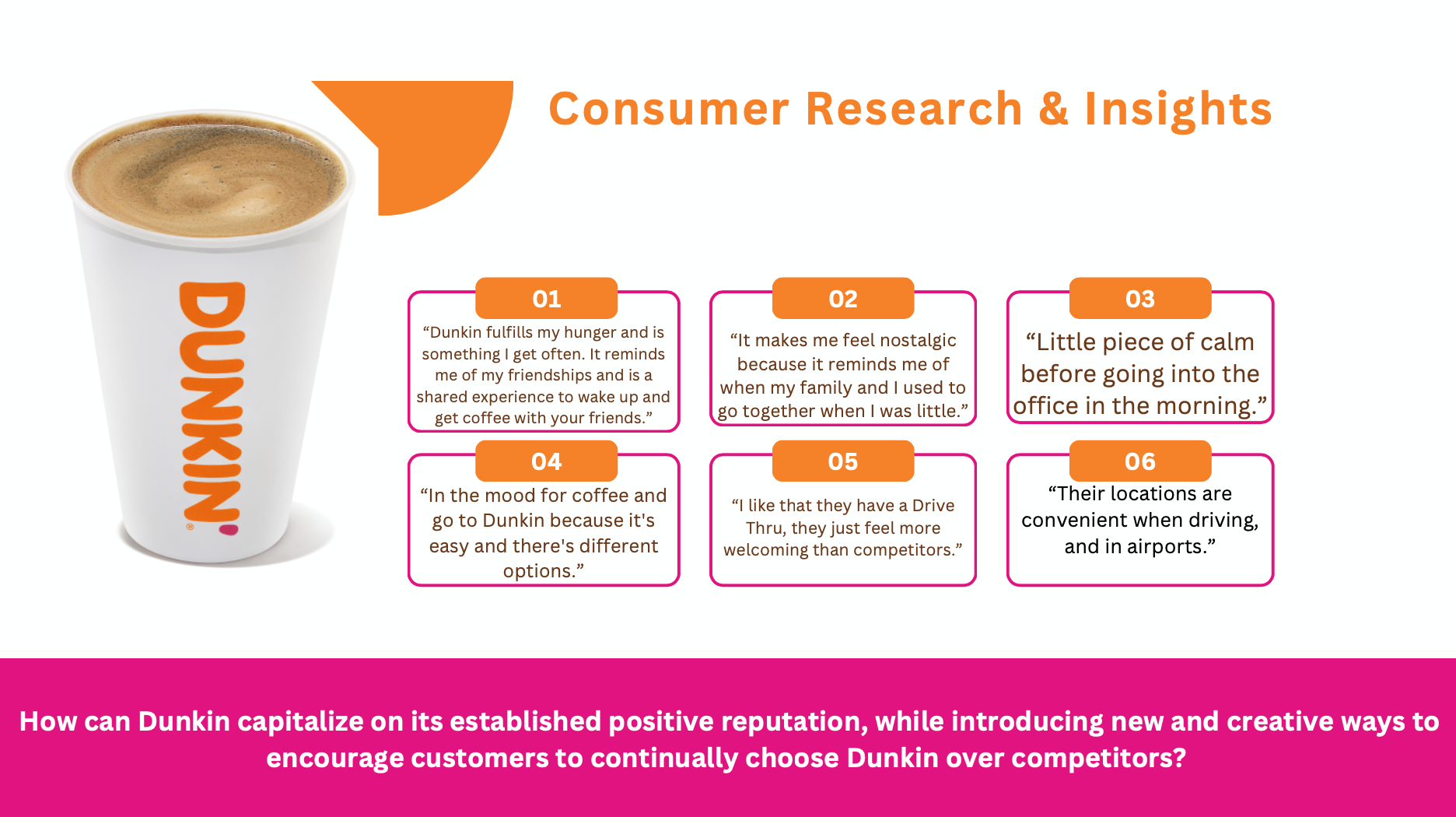 The project began with researching the typical customer-base of Dunkin and how we can best reach the different demographics and their needs.