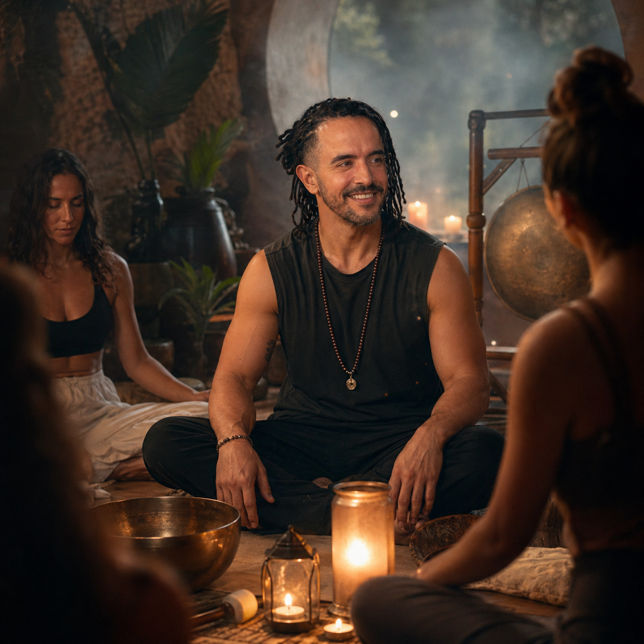 People practicing meditation in a cozy, dimly lit room decorated with candles, plants, and a gong.