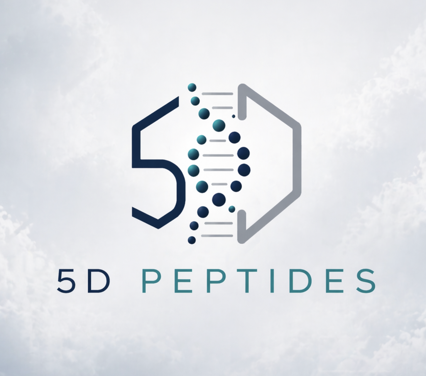 Logo with a stylized DNA strand with 5D Peptides written below, set against a cloudy sky background.