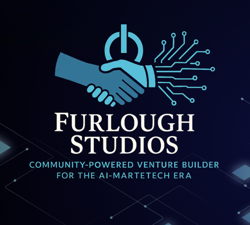 Logo of Furlough Studios featuring two hands shaking with circuit lines and a power symbol above, and text stating "Community-powered venture builder for the AI-Martech era."