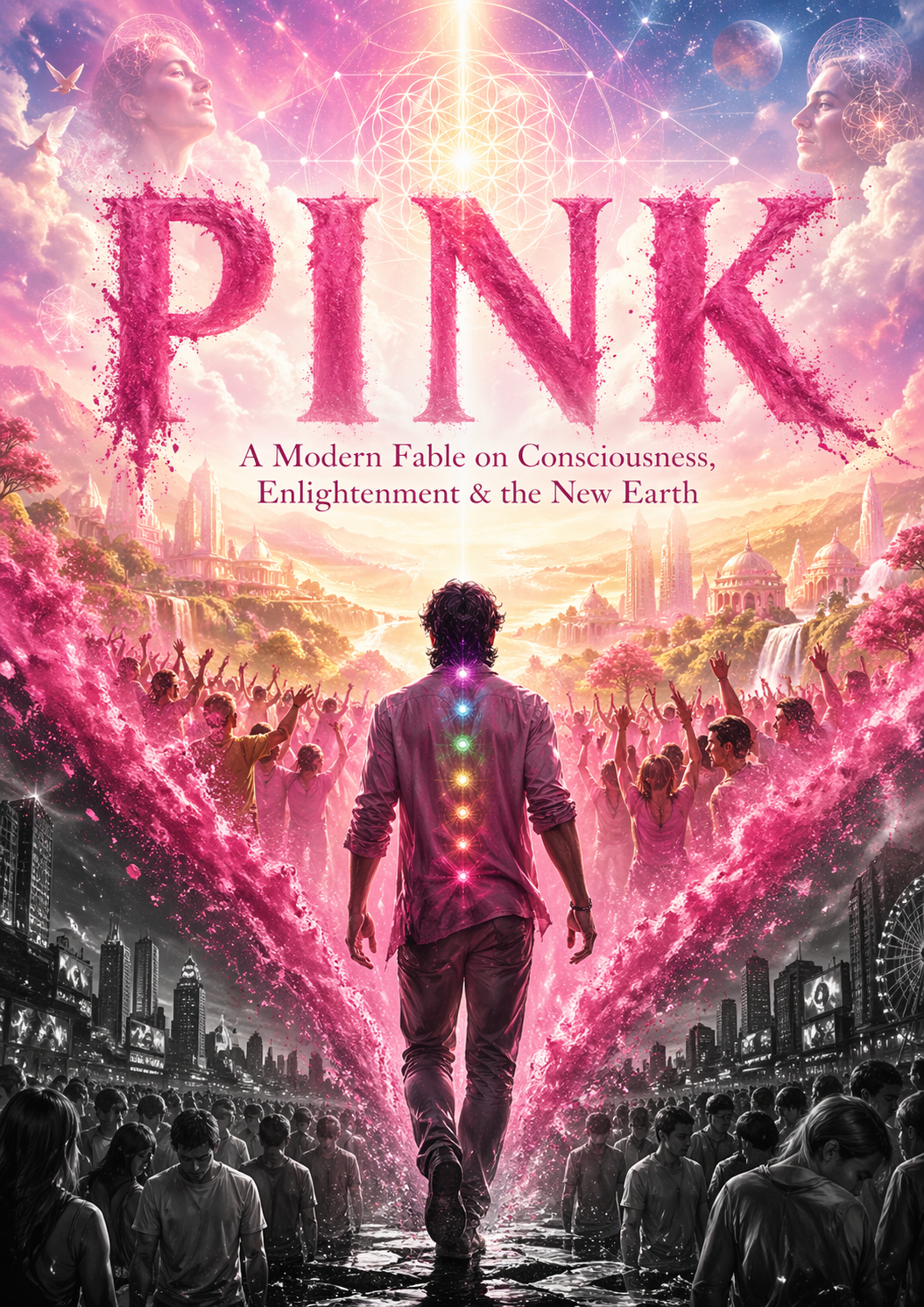 Book cover featuring a person walking into a vibrant, colorful landscape with a large pink title 'PINK' and images of people celebrating, divine figures, cosmic elements, and a cityscape.