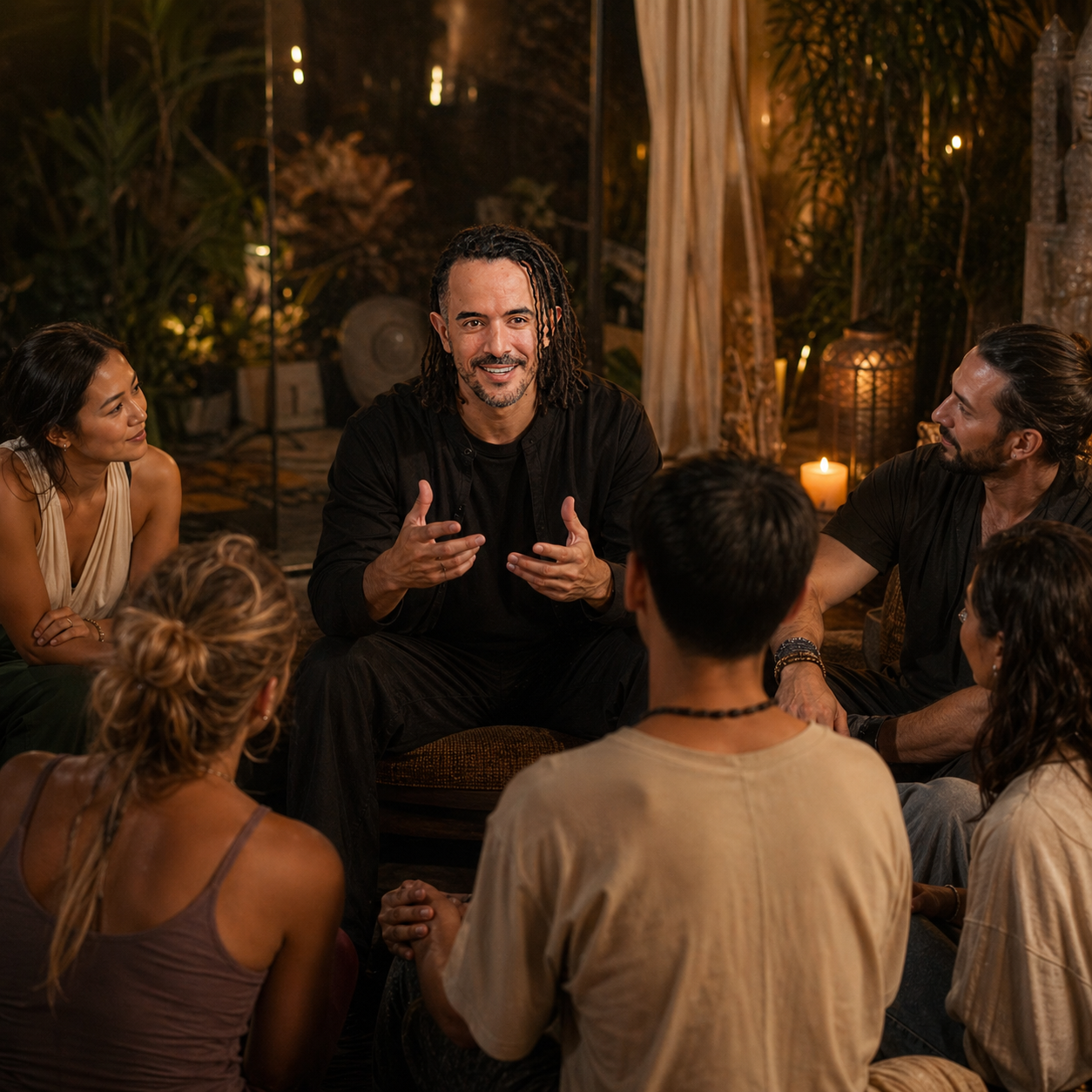 A group of diverse people sitting in a circle at night, listening to a man speaking with expressive hand gestures in a cozy, dimly lit indoor setting with candles and plants.