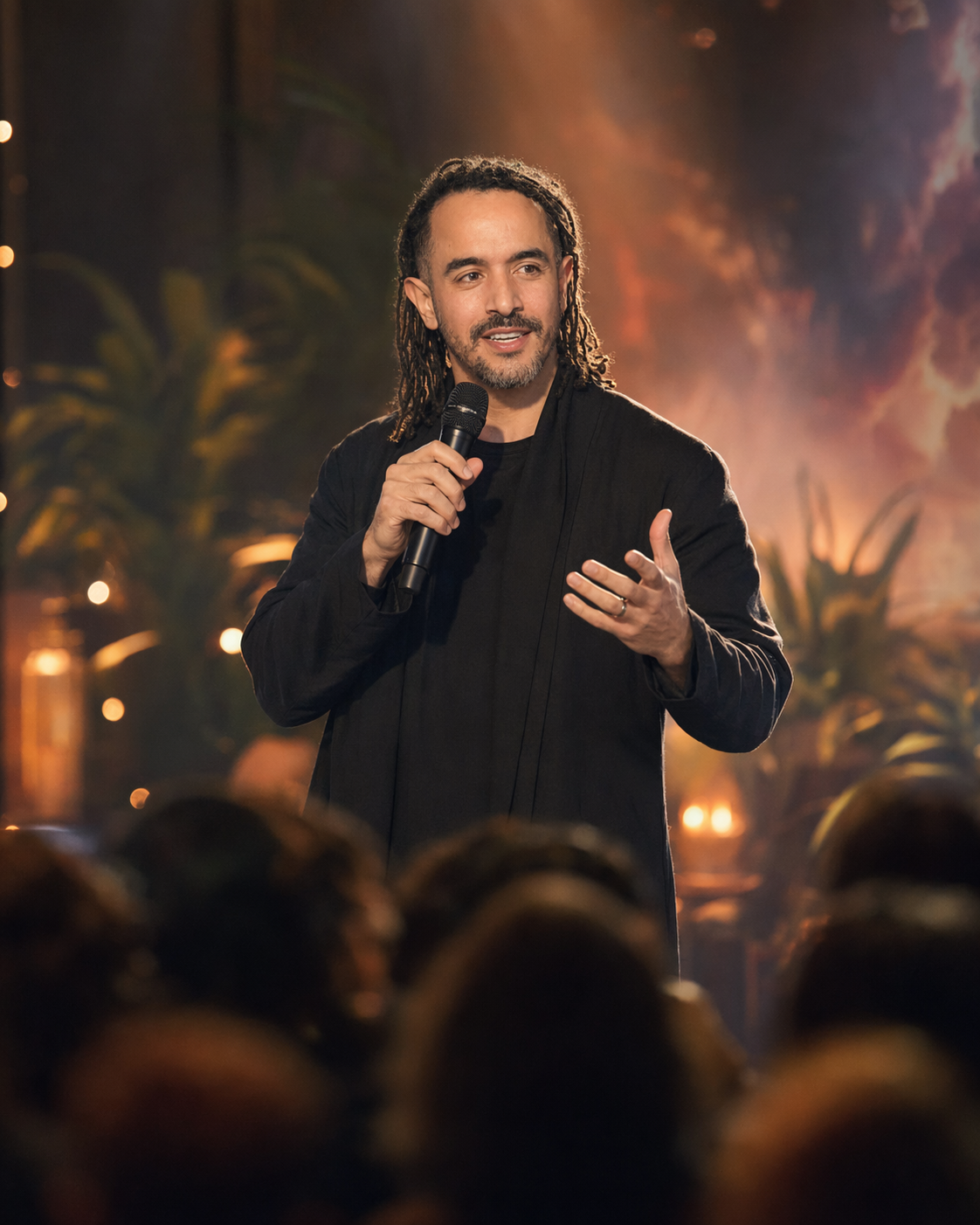 Man with long dreadlocks speaking into a microphone on stage, background with warm lighting and plants, audience visible in foreground.
