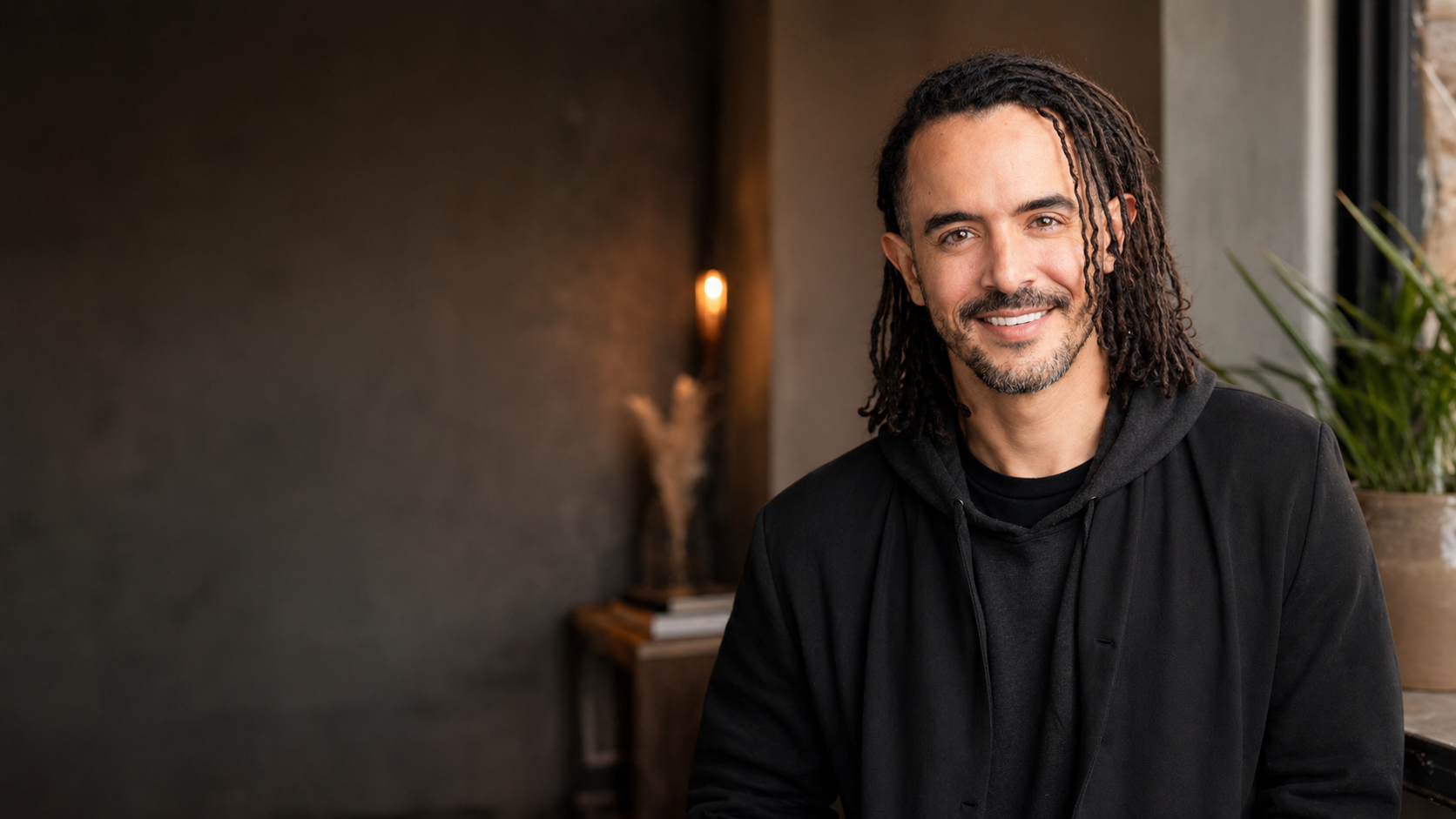 Smiling man with dreadlocks wearing a black hoodie sitting in a modern, cozy indoor space with a dark wall and a potted plant in the background.