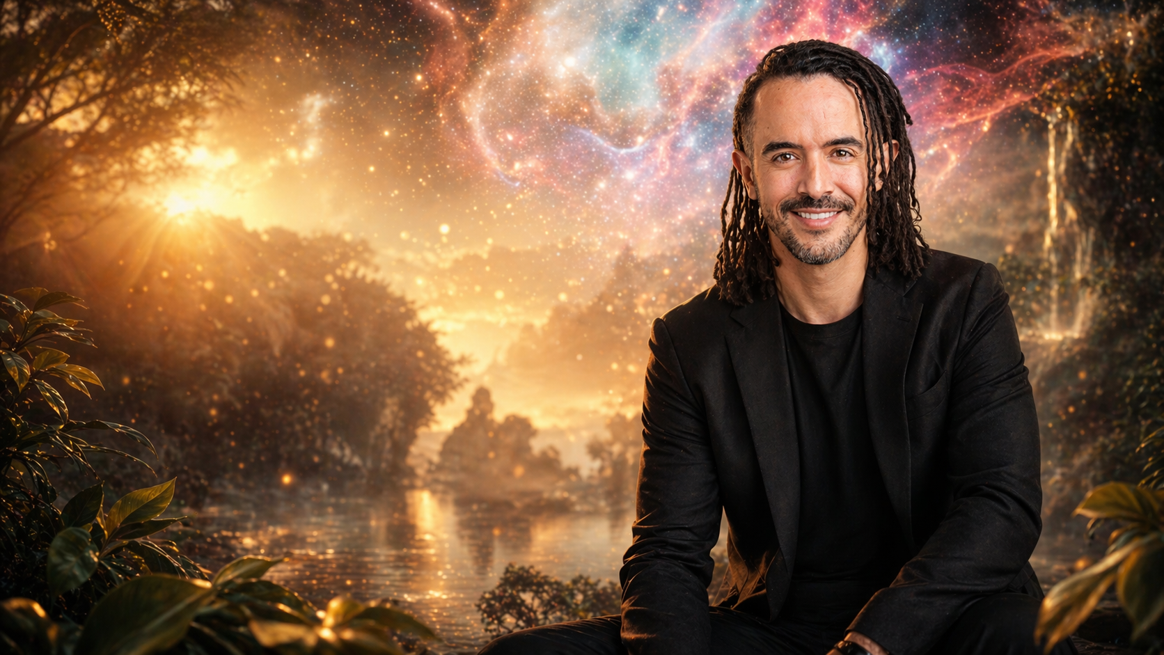 A man with dreadlocks and a beard, wearing a black blazer, sitting outdoors at sunset, with a background of trees, a river, and a night sky filled with colorful stars and nebulae.