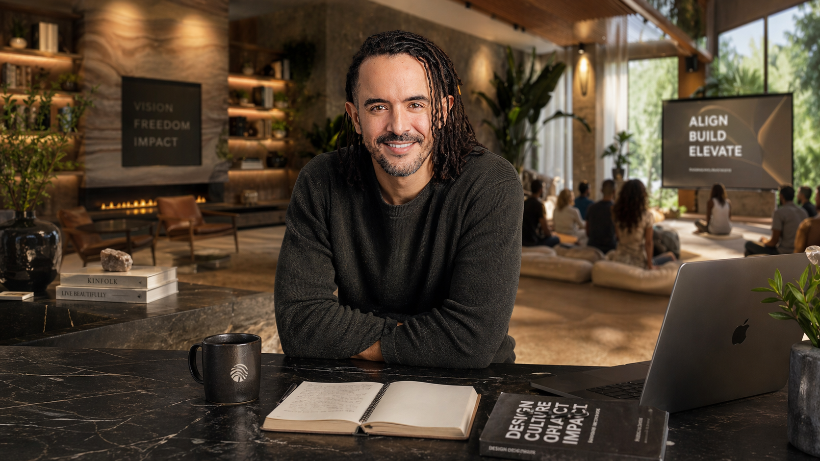 A man with dark curly hair and a beard sitting at a marble table in a conference or seminar room, smiling at the camera. There is a laptop, an open notebook, a black mug, and a magazine on the table. In the background, people are seated on cushions facing a large screen with the words 'ALIGN BUILD ELEVATE'. The room has large windows, plants, and modern decor.