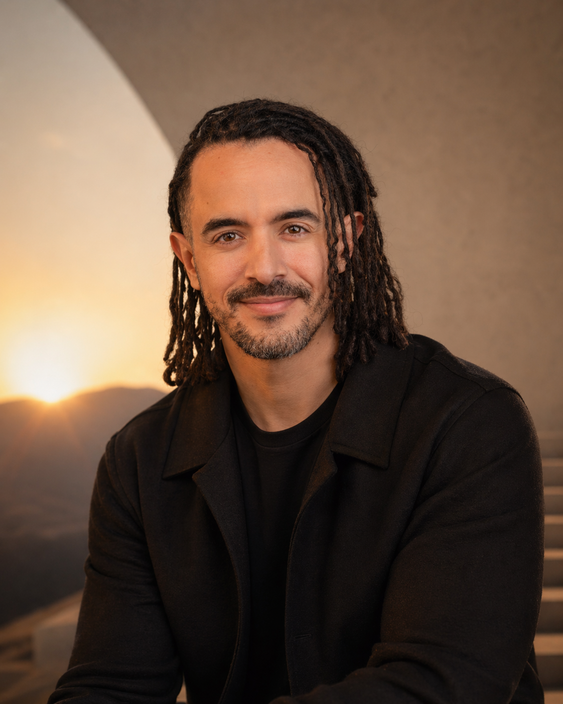 A man with long dreadlocks and a beard smiling at the camera with a sunset in the background.