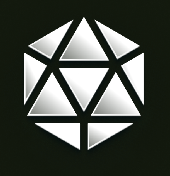 A geometric design with white triangular and polygonal shapes on a dark background, forming a symmetrical, complex pattern.