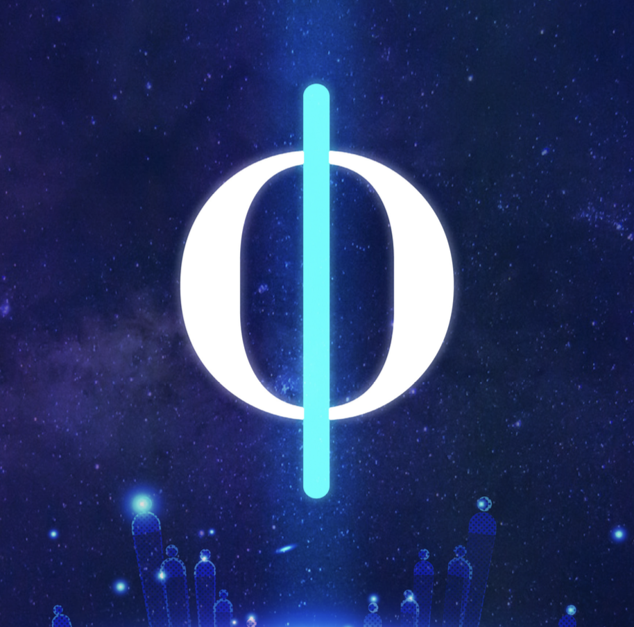 A digital graphic featuring a glowing white circle split by a vertical blue line, set against a starry galaxy background with small blue planets or floating objects.