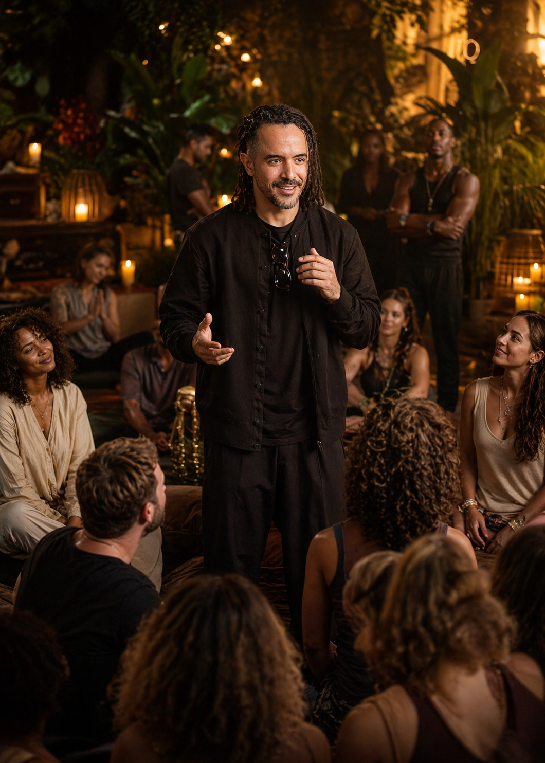 A man with dreadlocks stands in the center of a group of diverse people at an outdoor gathering, speaking or giving a speech, surrounded by warm lighting, candles, and greenery.