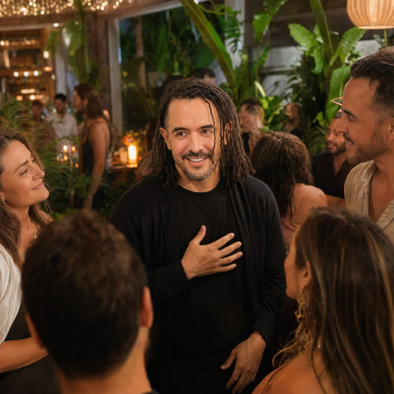 A man with dreadlocks and a beard, smiling and placing his hand on his chest, engages in conversation with a group of people at a lively indoor gathering with greenery and warm lighting.