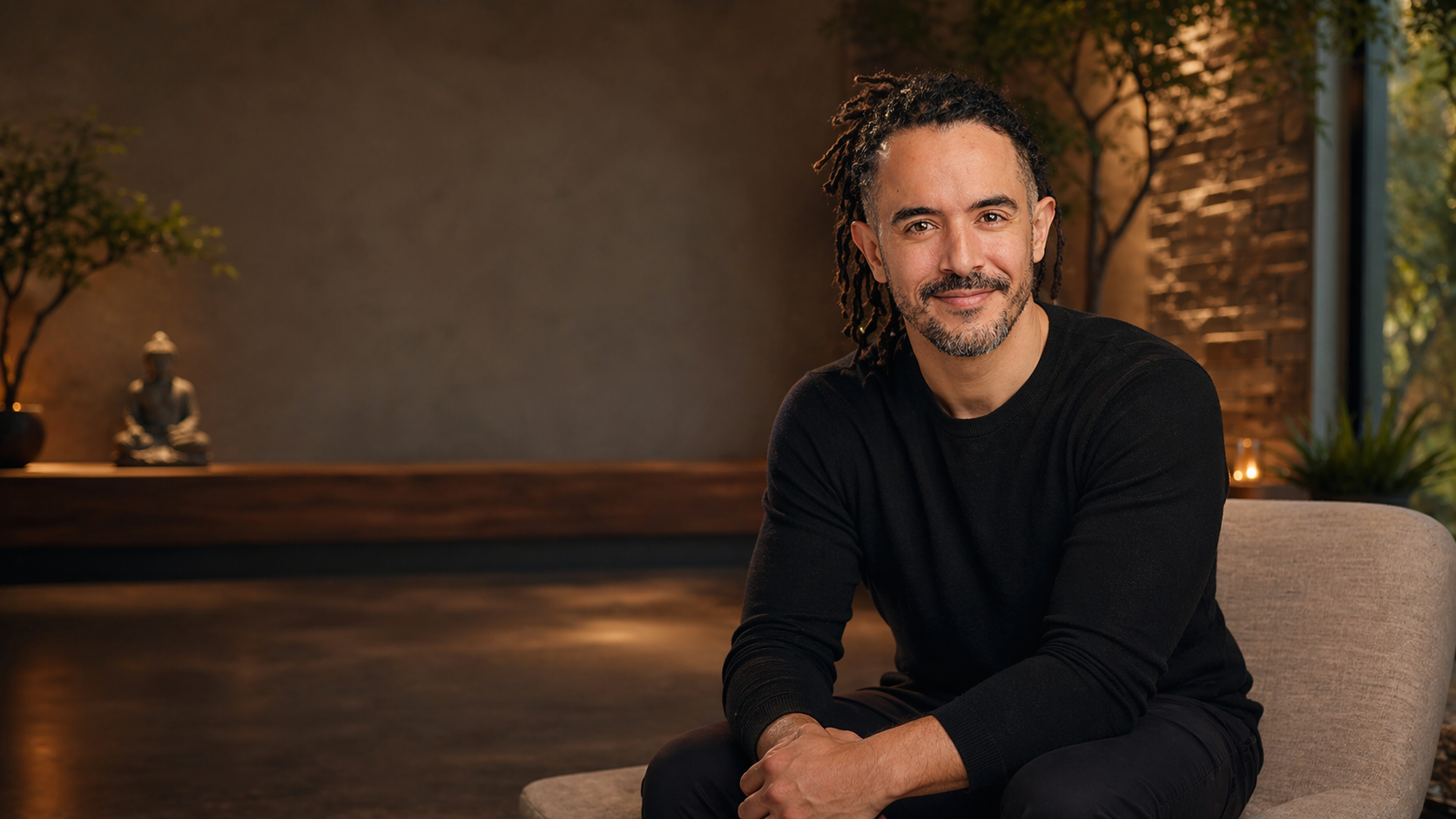 A man with dreadlocks and a beard, wearing a black long-sleeve shirt, sitting on a beige sofa in a warmly lit room with plants and a Buddha statue in the background.