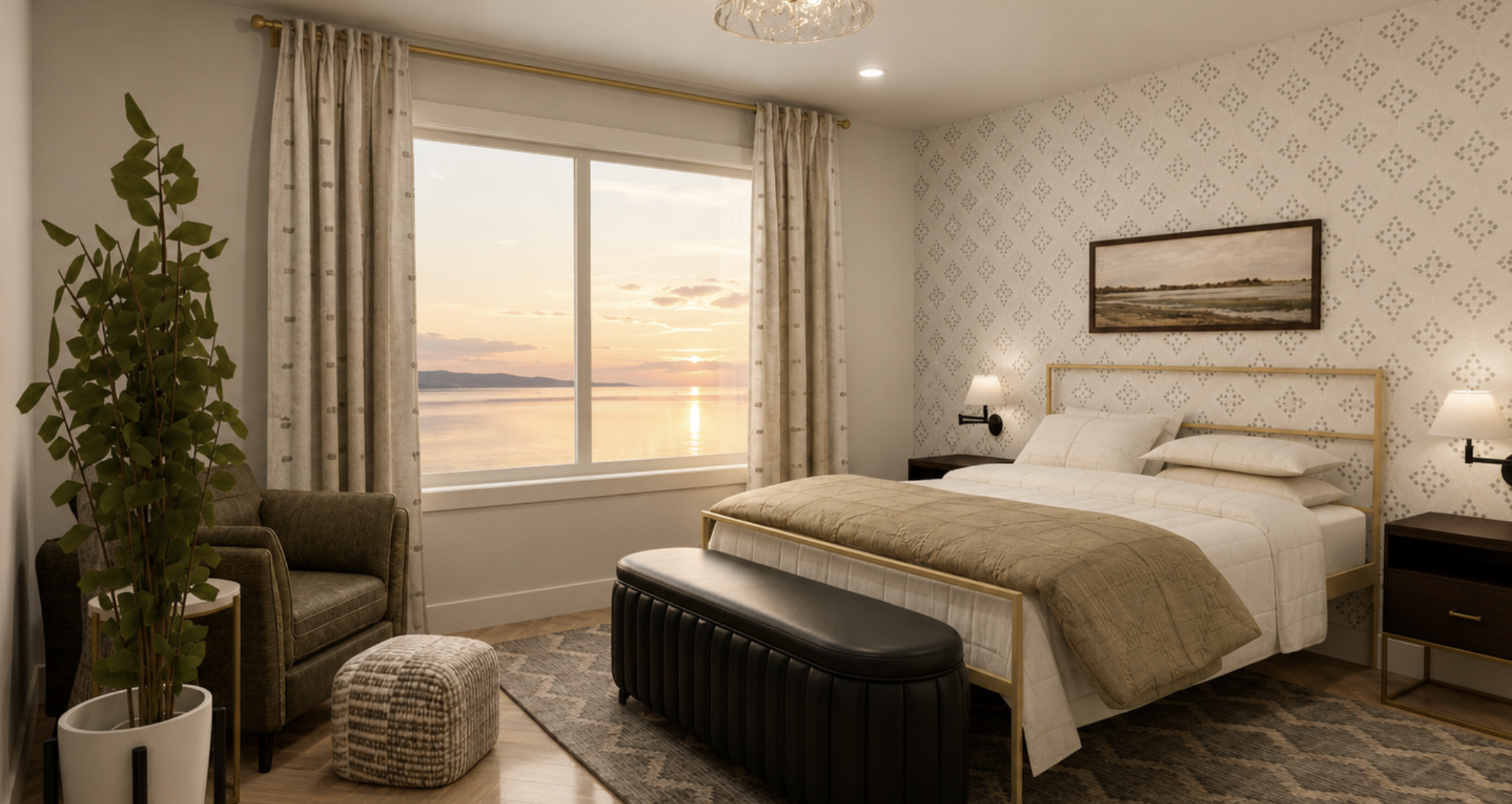 A bedroom with a large window showing a sunset over a calm body of water. The room features a bed with a beige quilt, two bedside tables with lamps, a framed landscape painting, an armchair with a plant nearby, and a patterned wallpaper on one wall.