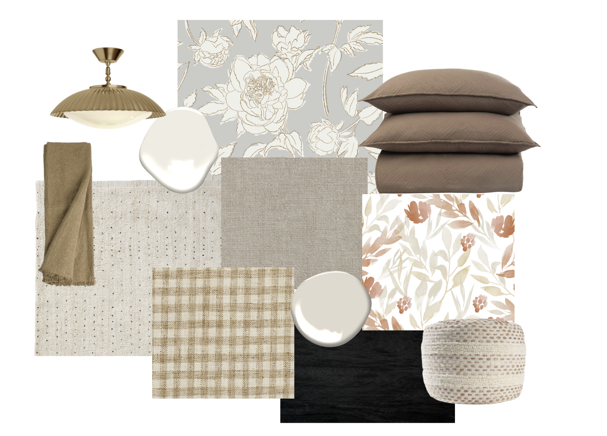 Interior design mood board with floral wallpaper, brown pillows, beige and patterned fabrics, a gold and white hanging light fixture, a white and gold ceramic vase, and a textured beige and white ceramic stool.