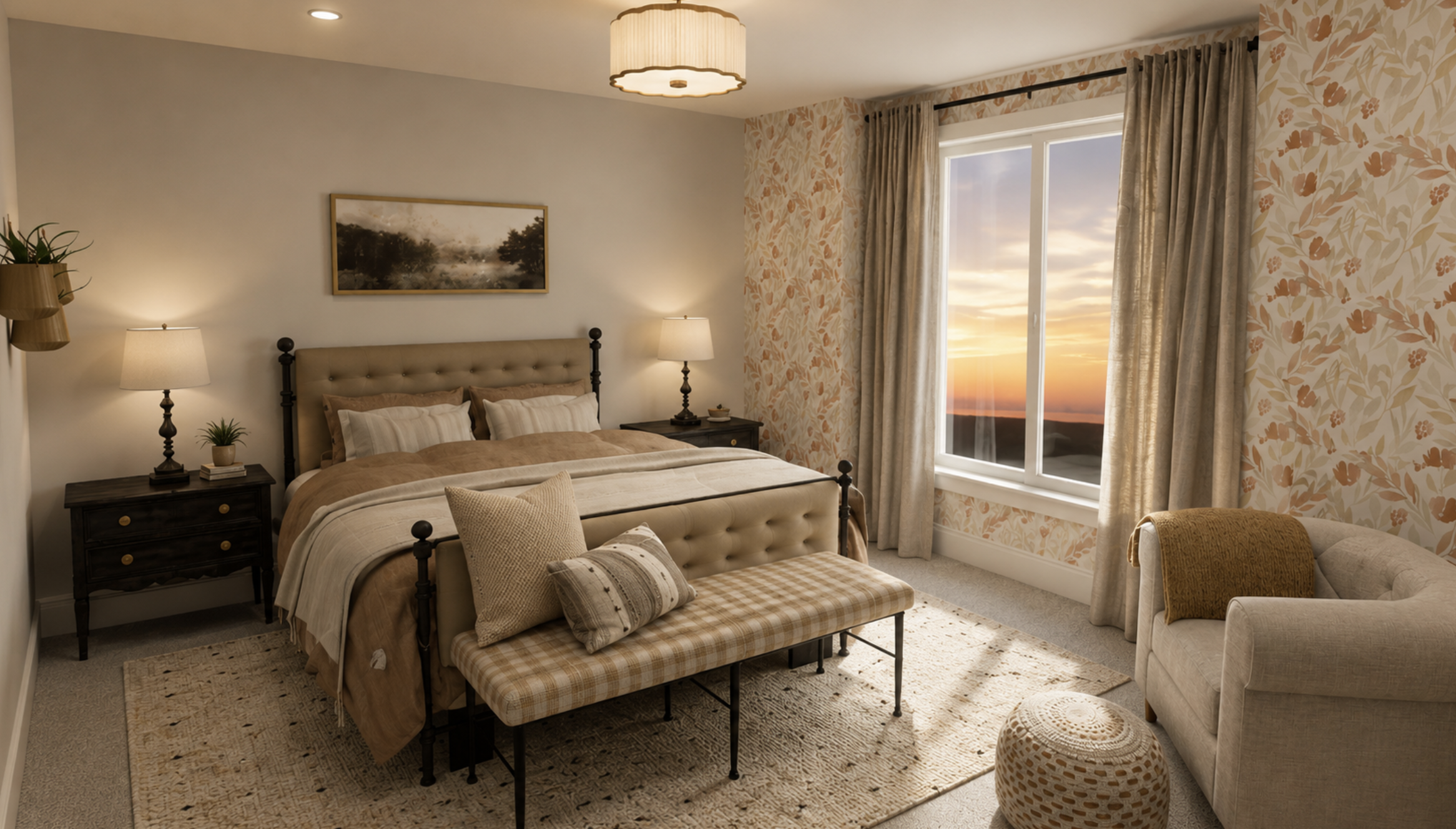 A cozy bedroom decorated with patterned wallpaper, a large window showing a sunset, a tufted beige headboard, bedside lamps, a plaid bench at the foot of the bed, and various cushions.