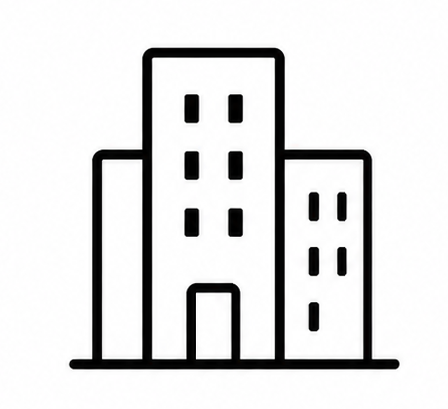 Black and white line drawing of a cityscape with three buildings, the middle one being the tallest.