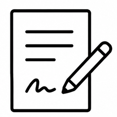 Outline of a document with three lines of text, a signature line, and a pen signing the document.