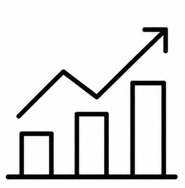 A black line graph with three bars increasing in height, with an upward trending arrow indicating growth or success.