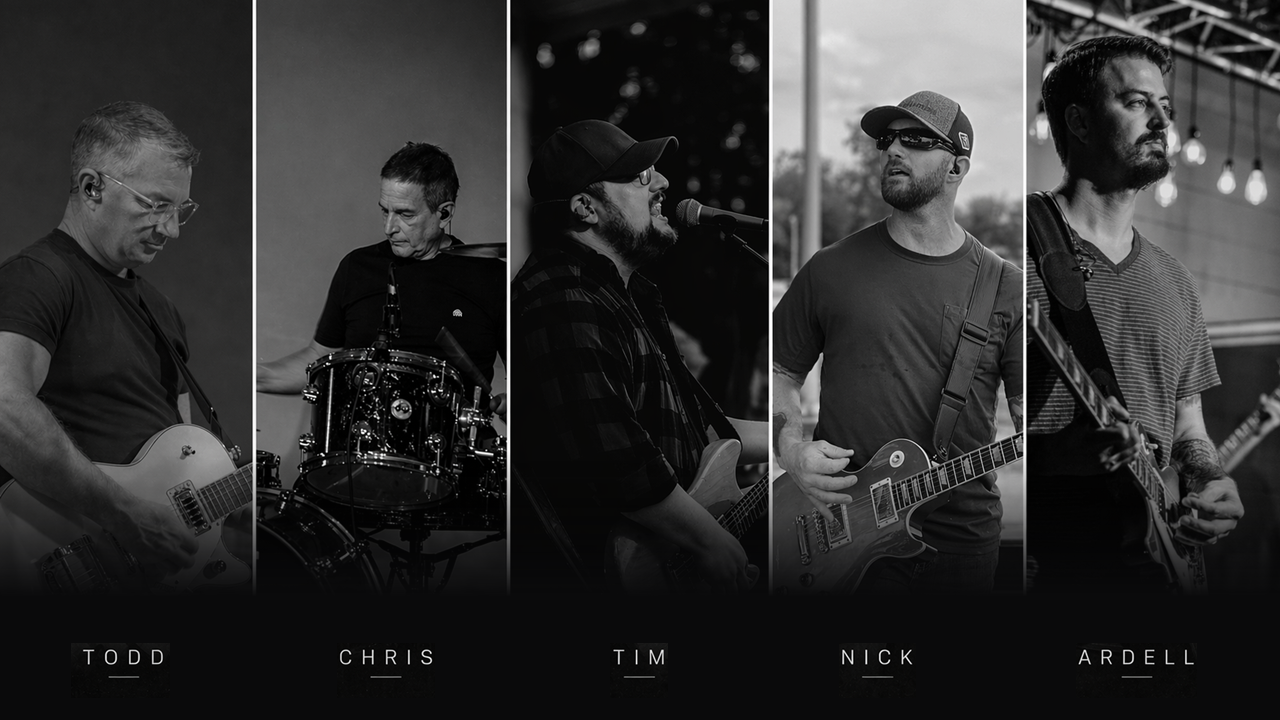 Black and white concert photo of members of Stars Burn Down playing instruments on stage. Labeled from left to right as Todd, Chris, Tim, Nick, and Ardell.