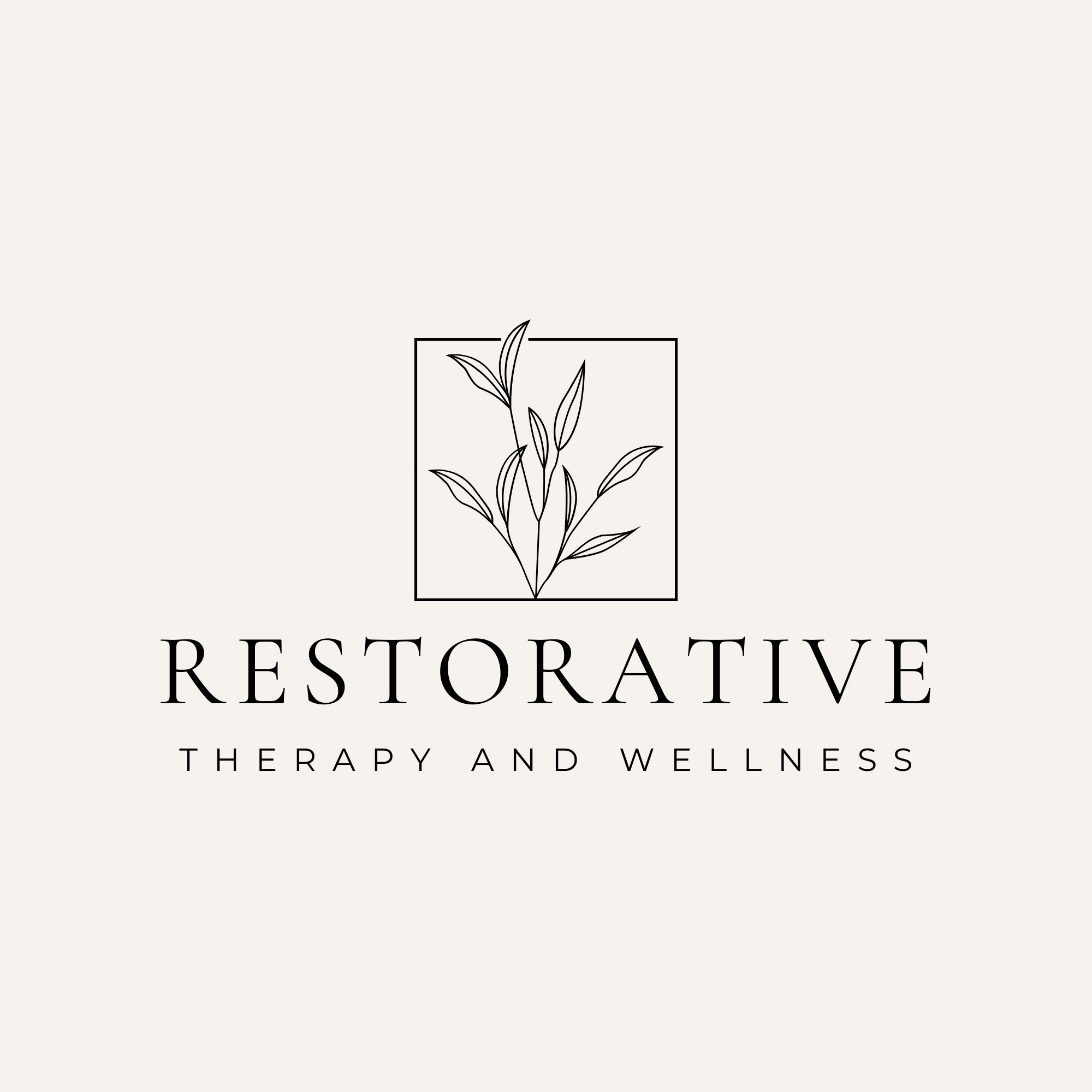 Logo of Restorative Therapy and Wellness, featuring a stylized plant in a rectangular frame.