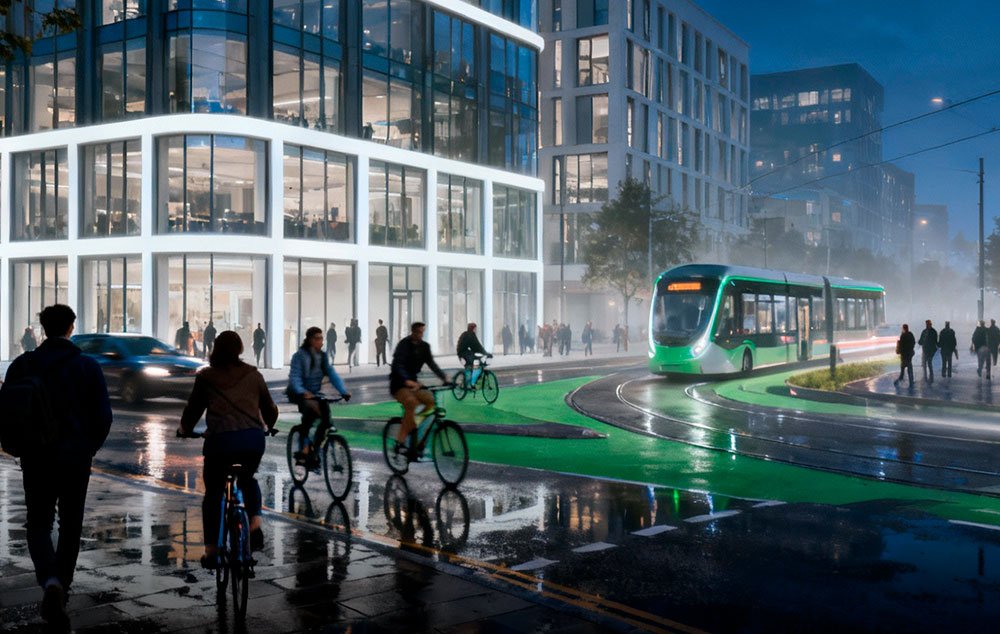 A modern urban scene at dusk with a futuristic green tram on a curved track, pedestrians walking, and cyclists riding on a wet street in front of a glass-fronted office building.