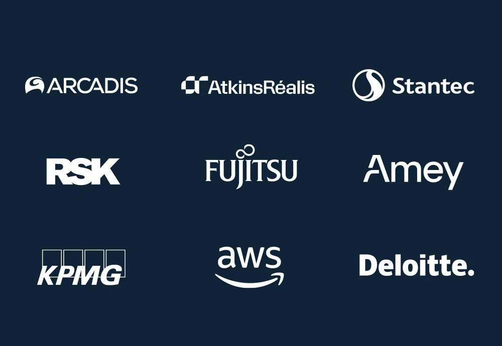 A dark blue background with nine white logos of various companies arranged in three rows. The companies are Arcadis, AtkinsRéalis, Stantec, RSK, Fujitsu, Amey, KPMG, AWS, and Deloitte.