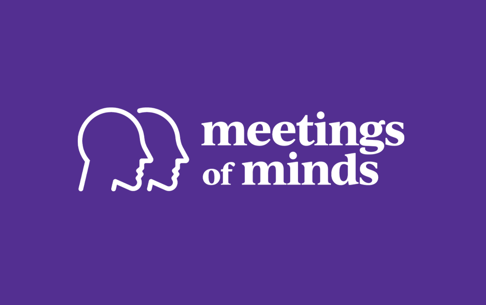 Logo with two overlapping outline profiles of human heads and the text "meetings of minds" on a purple background.
