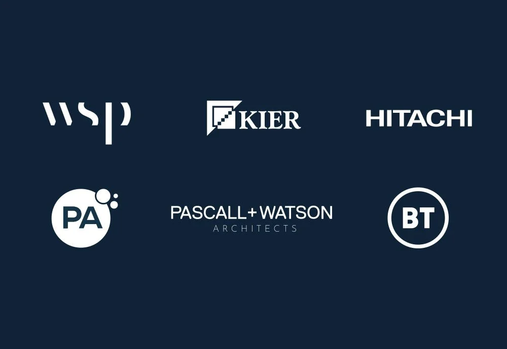 Logos of various architecture and engineering firms on a dark background, including WSP, Kier, Hitachi, PA, Pascal+Watson Architects, and BT.