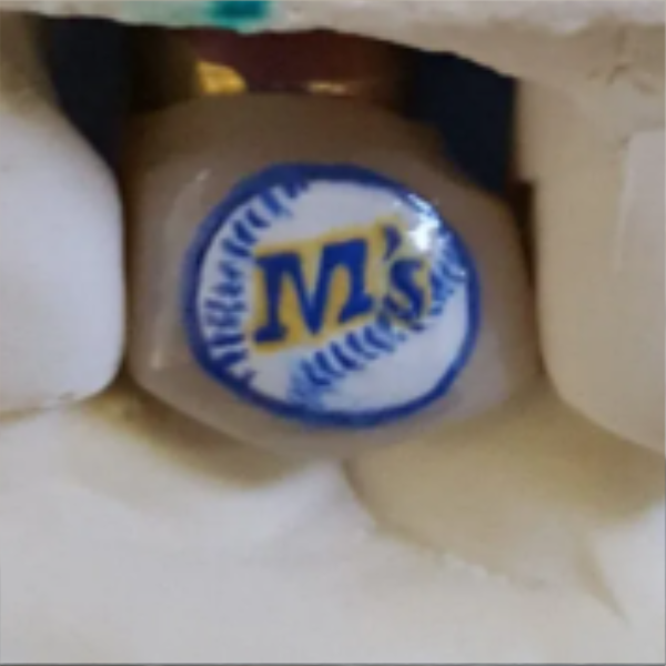 A close-up of a small object with a circular, blue and yellow logo that reads 'S&W' and 'Fresh' surrounded by a blue border, partially embedded in a white textured surface.